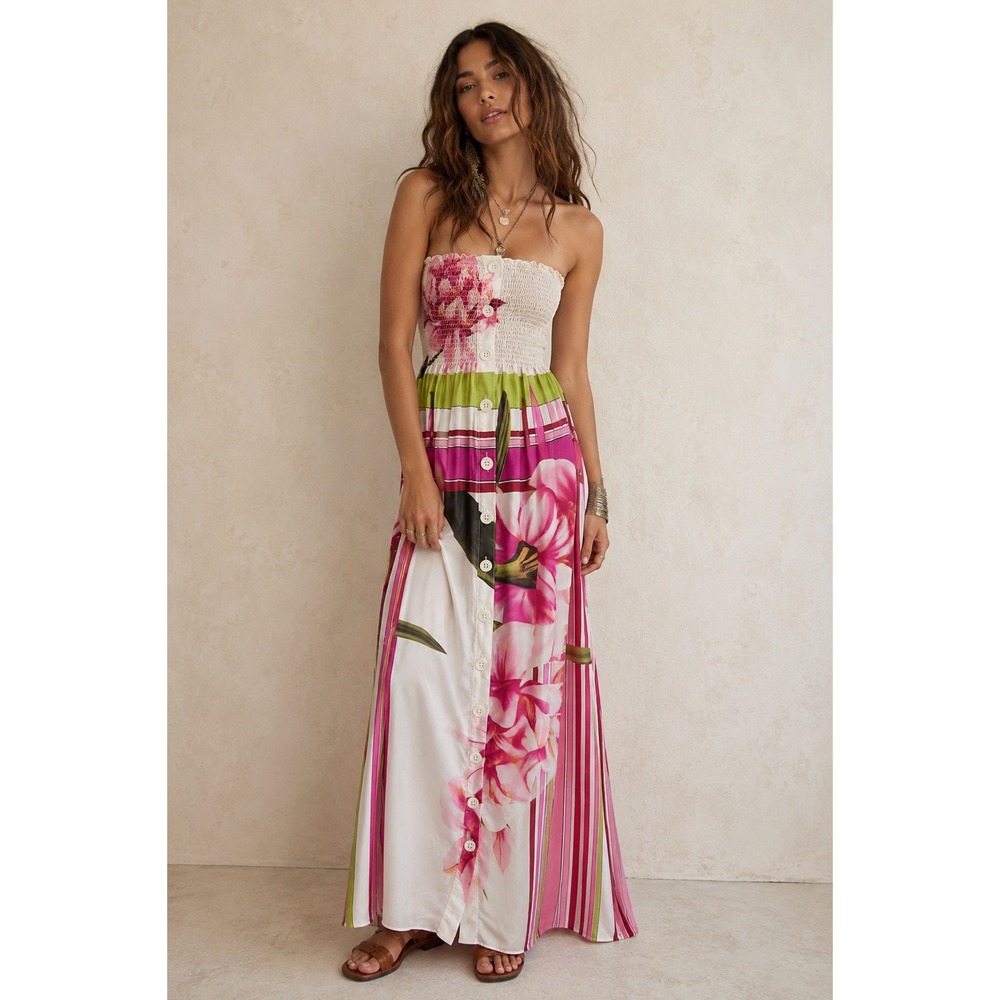 VTG Y2K Cache Silk Strapless Maxi Dress M Pink Floral Smocked Button Front Boho